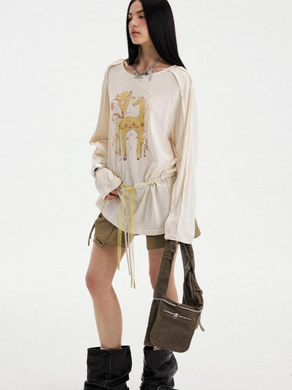 DIDDI MODA White Floral Pony Drawstring Round Neck Women&