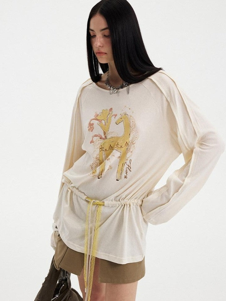 DIDDI MODA White Floral Pony Drawstring Round Neck Women&