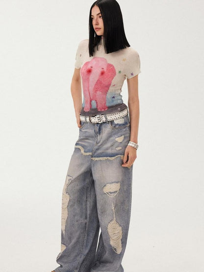 DIDDI MODA White Playful Print Loose Pleated Women&