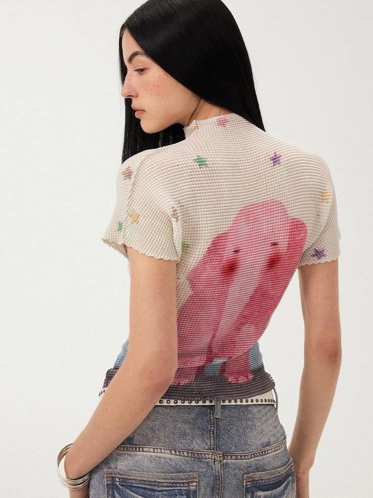 DIDDI MODA White Playful Print Loose Pleated Women&