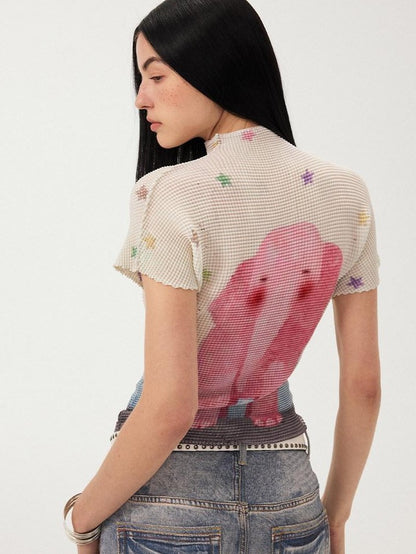DIDDI MODA White Playful Print Loose Pleated Women&