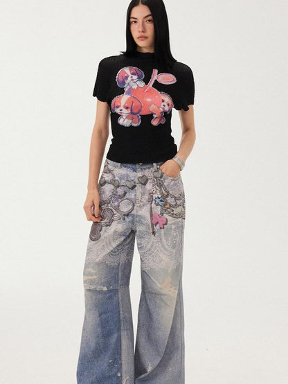 DIDDI MODA White Playful Print Loose Pleated Women&