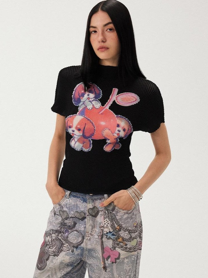 DIDDI MODA White Playful Print Loose Pleated Women&