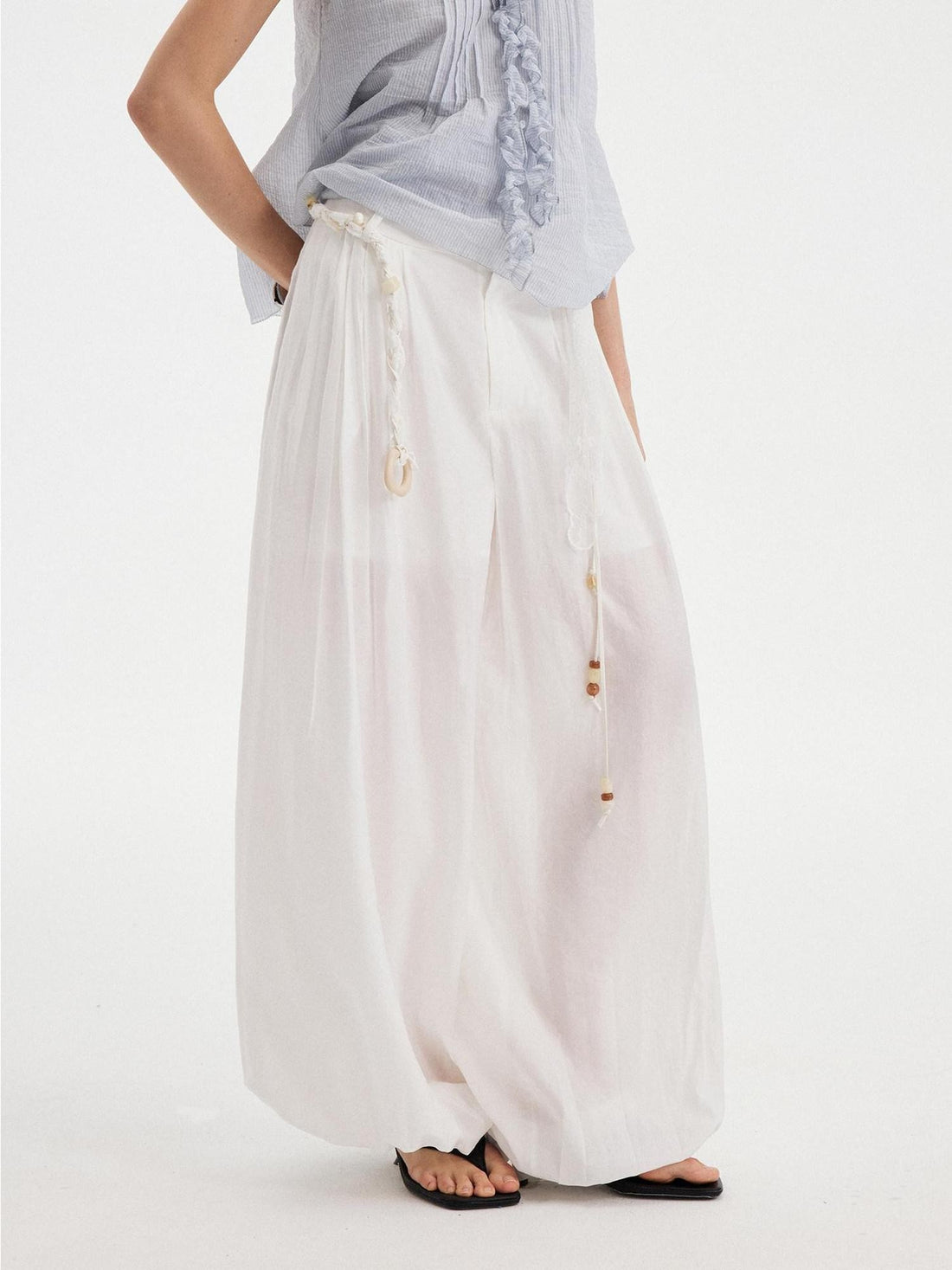 DIDDI MODA White Pleated High Waist Drawstring Balloon Women&
