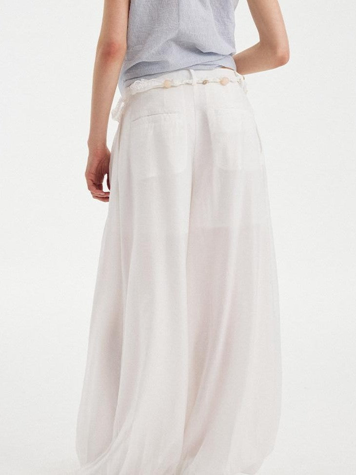 DIDDI MODA White Pleated High Waist Drawstring Balloon Women&