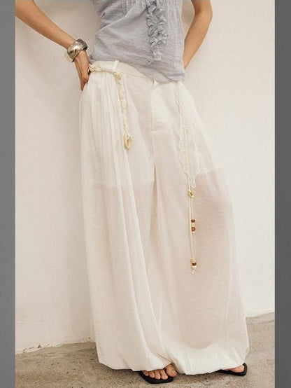 DIDDI MODA White Pleated High Waist Drawstring Balloon Women&