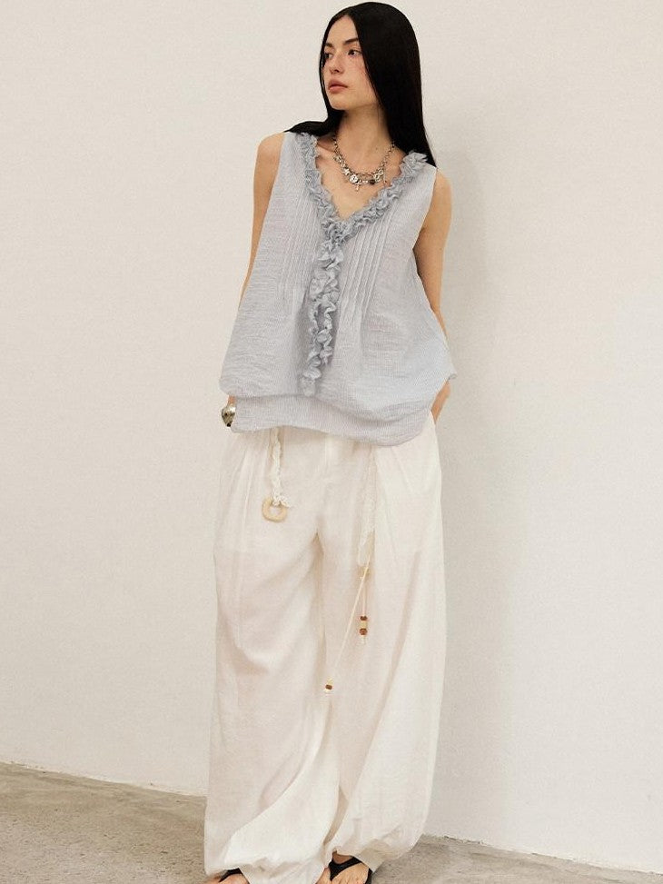 DIDDI MODA White Pleated High Waist Drawstring Balloon Women&