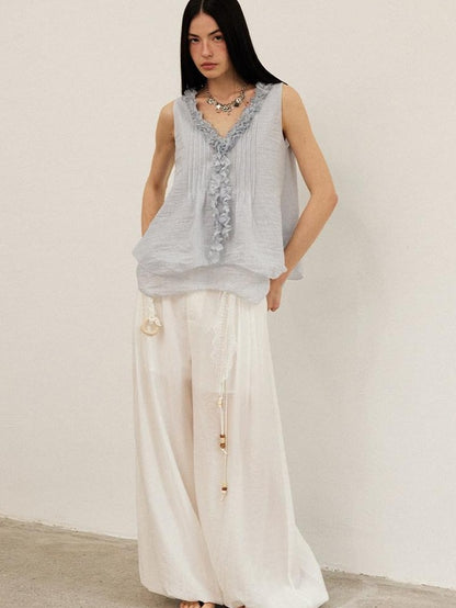 DIDDI MODA White Pleated High Waist Drawstring Balloon Women&