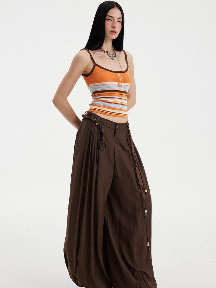 DIDDI MODA White Pleated High Waist Drawstring Balloon Women&