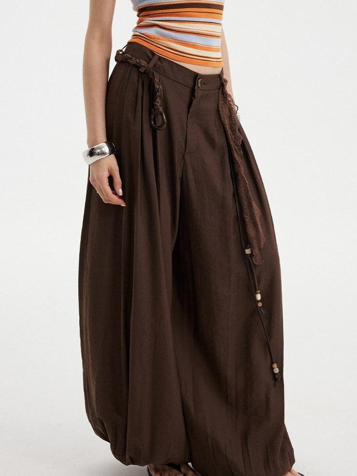 DIDDI MODA White Pleated High Waist Drawstring Balloon Women&