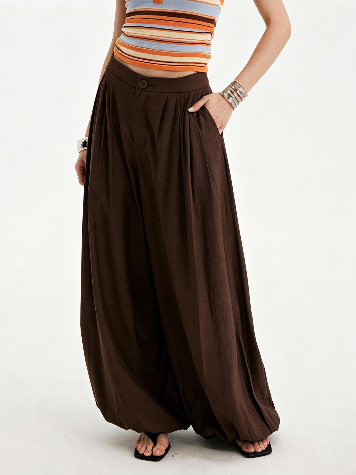 DIDDI MODA White Pleated High Waist Drawstring Balloon Women&