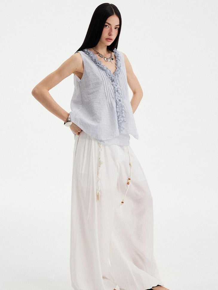 DIDDI MODA White Pleated High Waist Drawstring Balloon Women&
