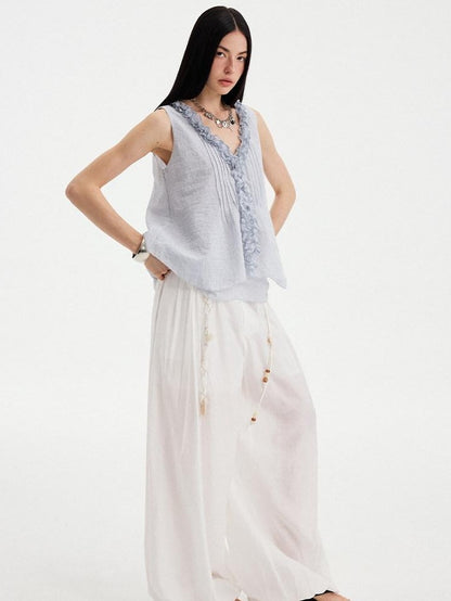 DIDDI MODA White Pleated High Waist Drawstring Balloon Women&