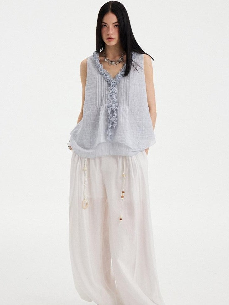 DIDDI MODA White Pleated High Waist Drawstring Balloon Women&