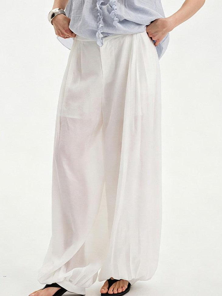 DIDDI MODA White Pleated High Waist Drawstring Balloon Women&