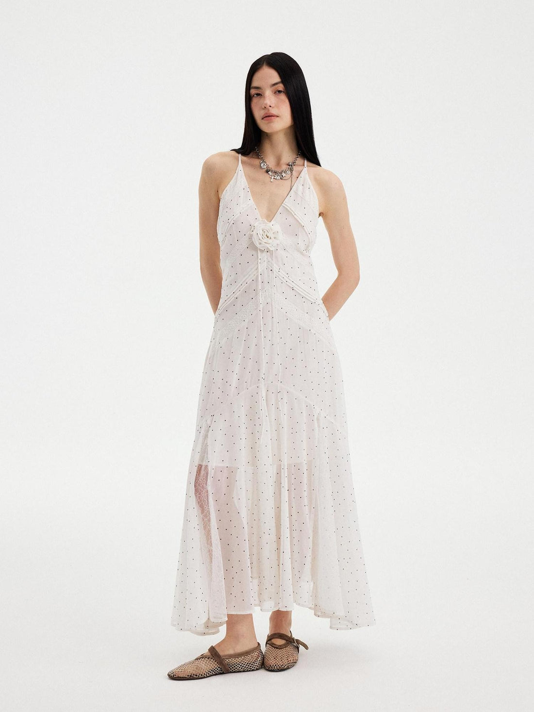 DIDDI MODA White Polka Dot V-neck Spaghetti Strap Lace Splice Women&