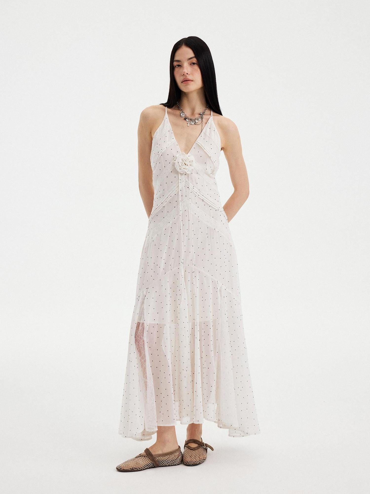 DIDDI MODA White Polka Dot V-neck Spaghetti Strap Lace Splice Women&