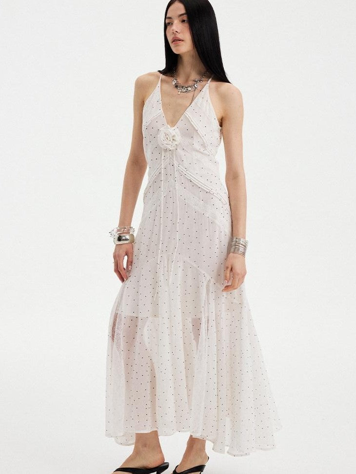 DIDDI MODA White Polka Dot V-neck Spaghetti Strap Lace Splice Women&
