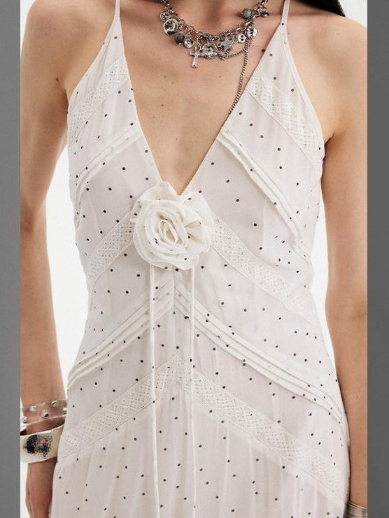 DIDDI MODA White Polka Dot V-neck Spaghetti Strap Lace Splice Women&