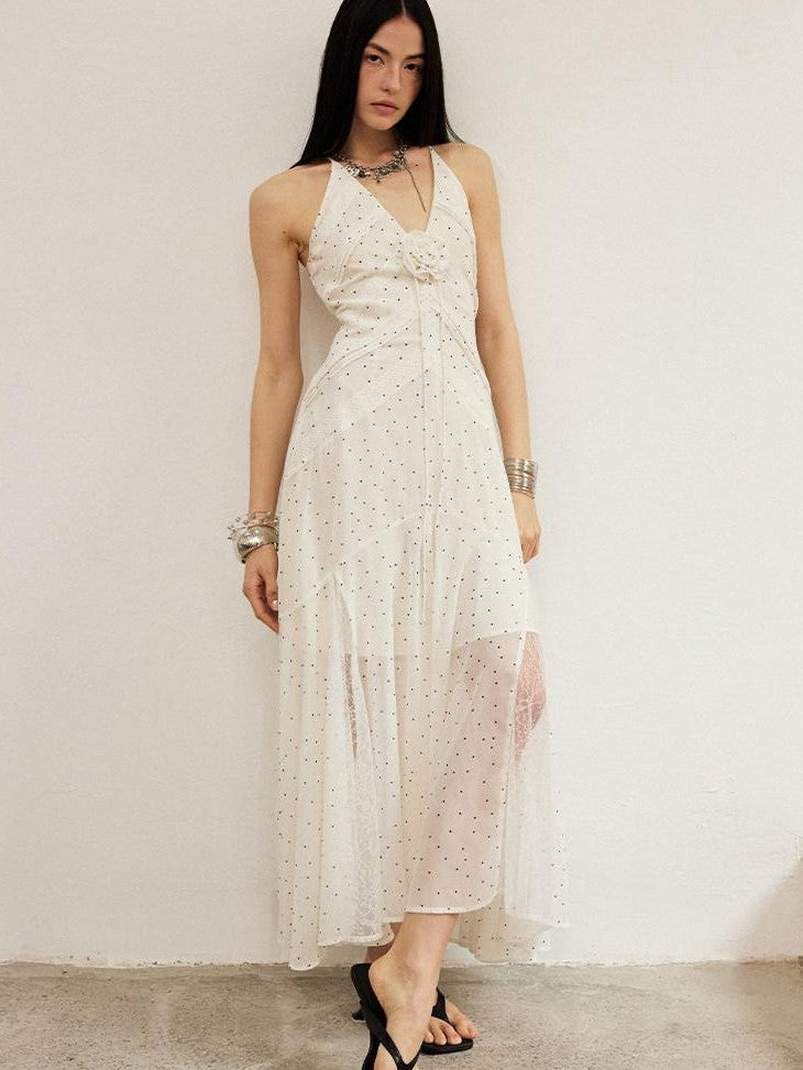 DIDDI MODA White Polka Dot V-neck Spaghetti Strap Lace Splice Women&