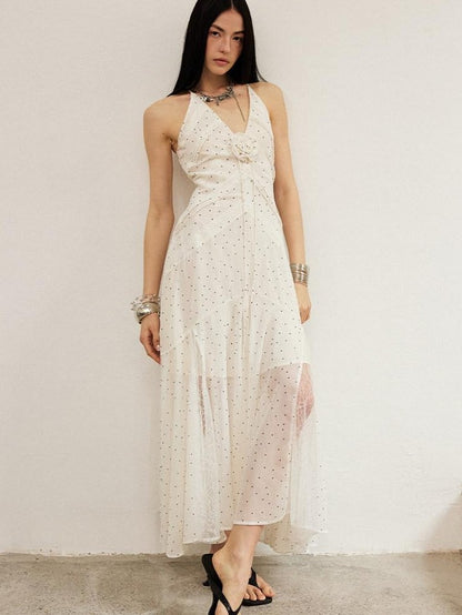 DIDDI MODA White Polka Dot V-neck Spaghetti Strap Lace Splice Women&