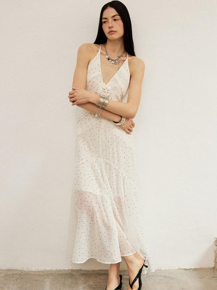 DIDDI MODA White Polka Dot V-neck Spaghetti Strap Lace Splice Women&