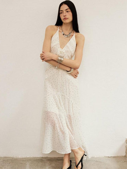 DIDDI MODA White Polka Dot V-neck Spaghetti Strap Lace Splice Women&