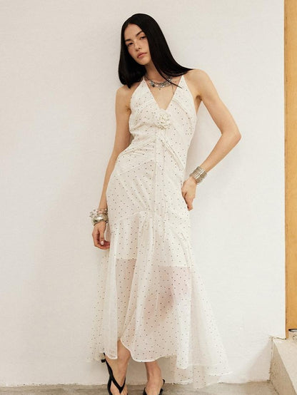 DIDDI MODA White Polka Dot V-neck Spaghetti Strap Lace Splice Women&