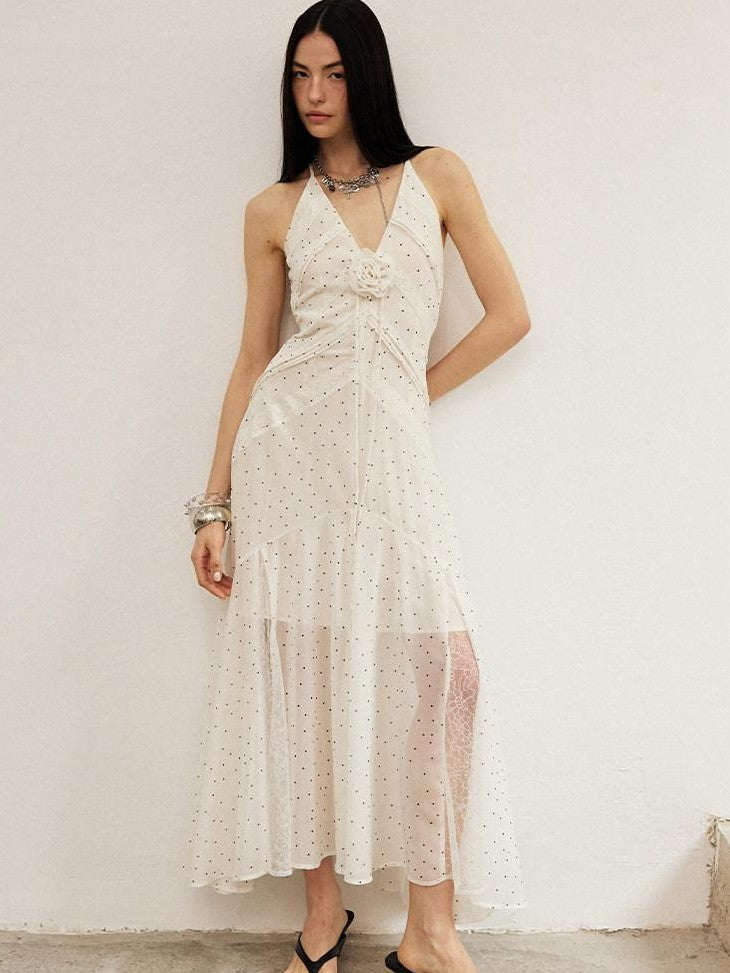 DIDDI MODA White Polka Dot V-neck Spaghetti Strap Lace Splice Women&