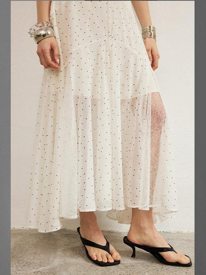 DIDDI MODA White Polka Dot V-neck Spaghetti Strap Lace Splice Women&