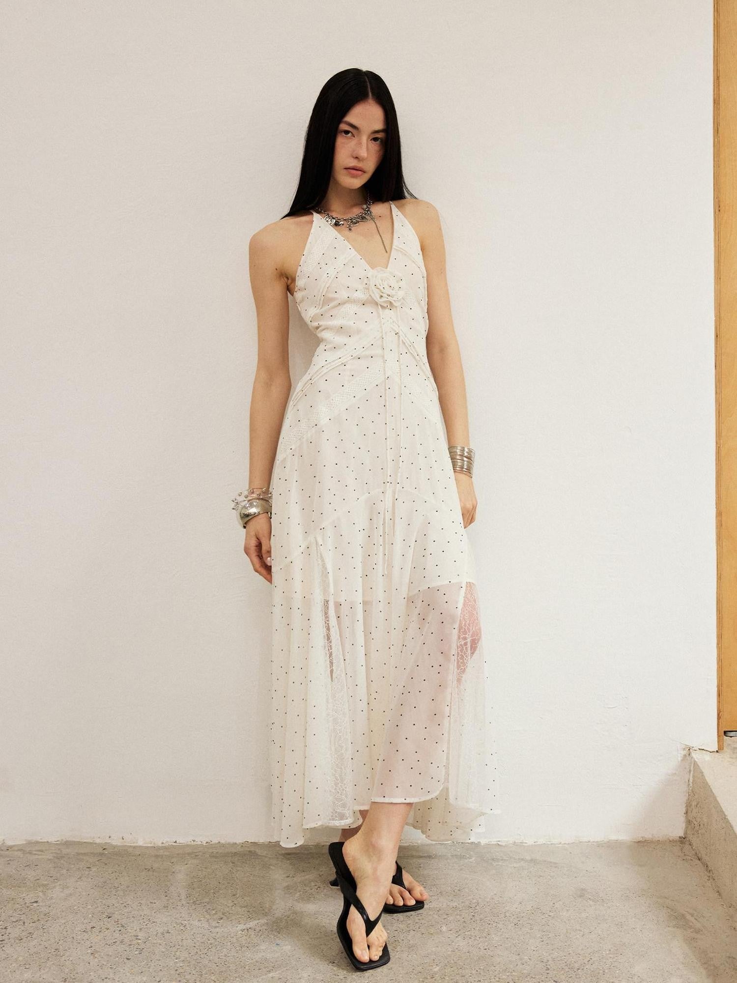 DIDDI MODA White Polka Dot V-neck Spaghetti Strap Lace Splice Women&