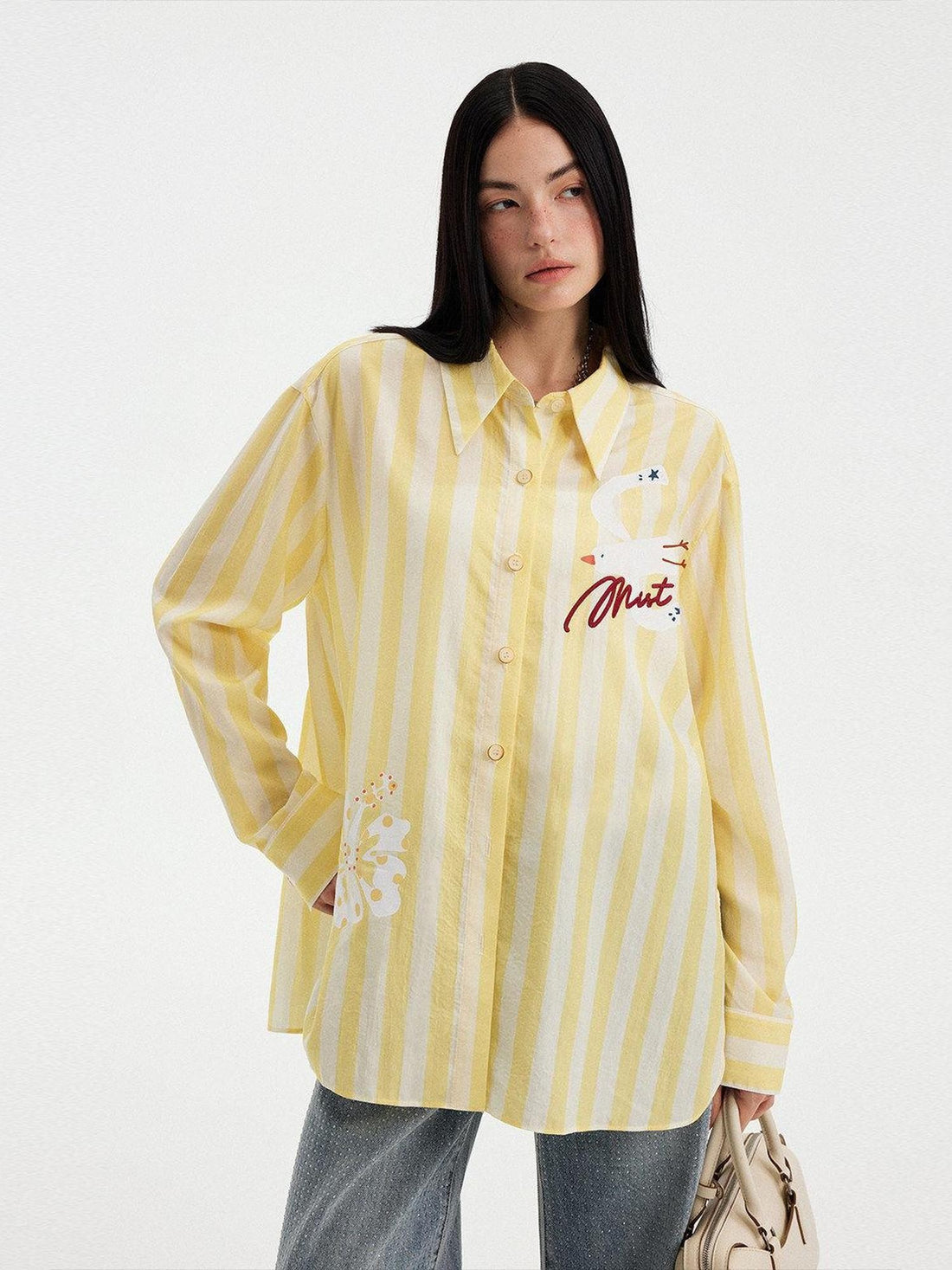 DIDDI MODA Yellow White Stripe Pleated Polo Collar Women&