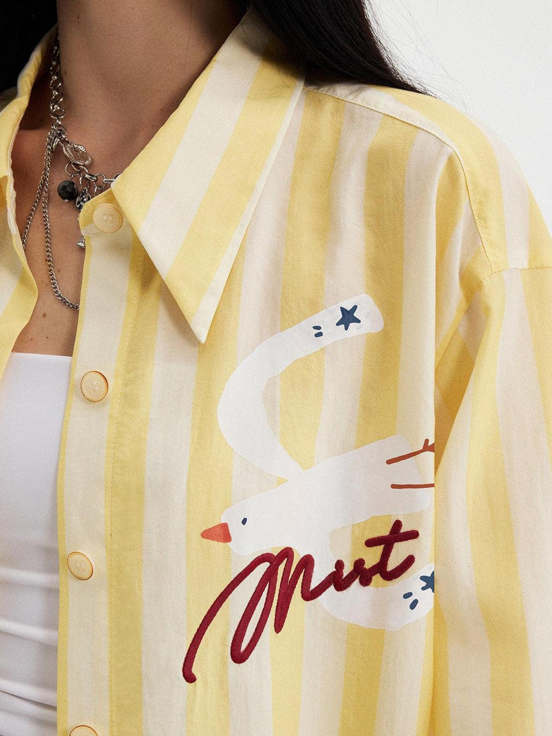 DIDDI MODA Yellow White Stripe Pleated Polo Collar Women&