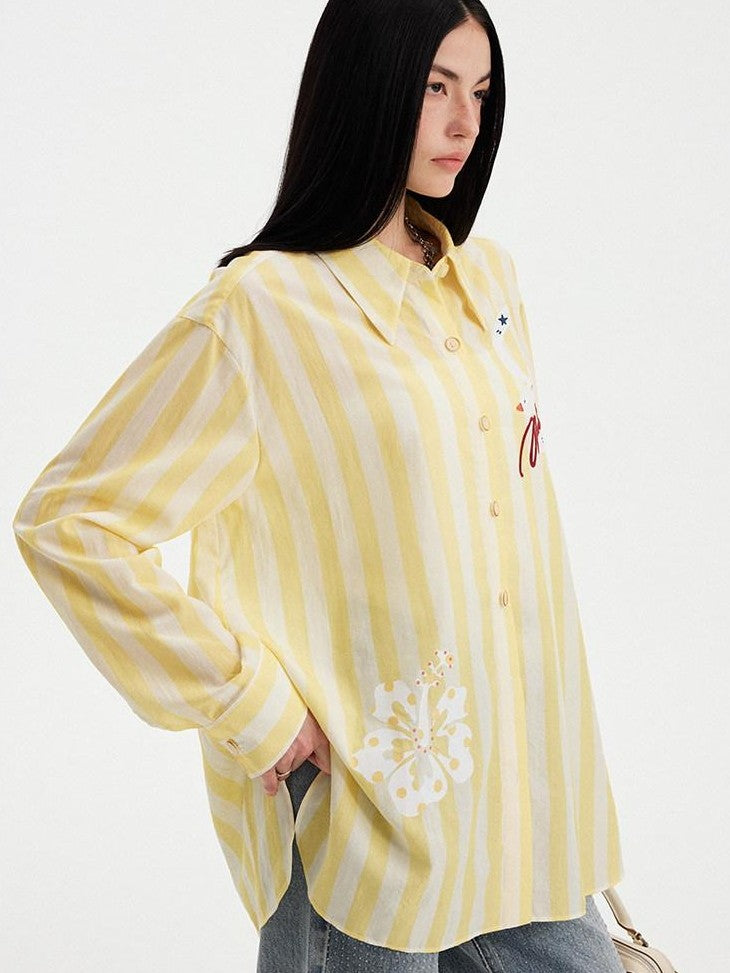 DIDDI MODA Yellow White Striped Floral Bird Print Long Sleeve Collared Women&