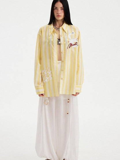 DIDDI MODA Yellow White Striped Floral Bird Print Long Sleeve Collared Women&
