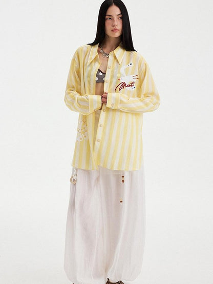 DIDDI MODA Yellow White Striped Floral Bird Print Long Sleeve Collared Women&