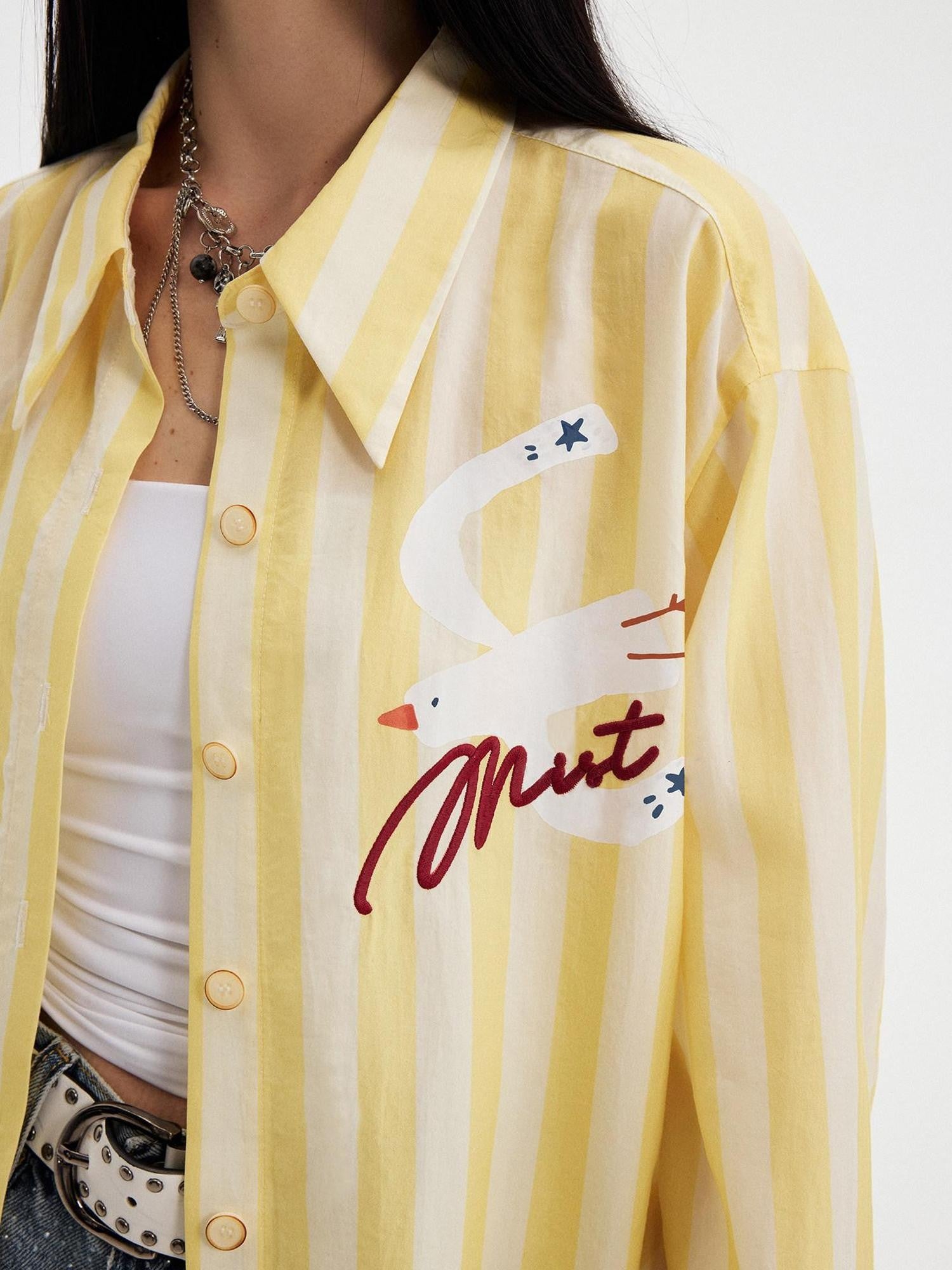 DIDDI MODA Yellow White Striped Floral Bird Print Long Sleeve Collared Women&