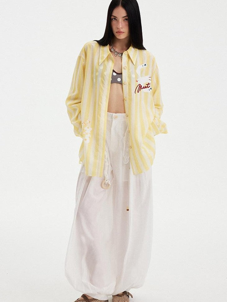 DIDDI MODA Yellow White Striped Floral Bird Print Long Sleeve Collared Women&
