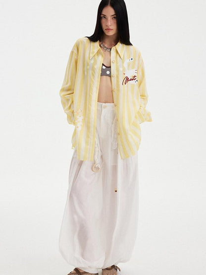 DIDDI MODA Yellow White Striped Floral Bird Print Long Sleeve Collared Women&