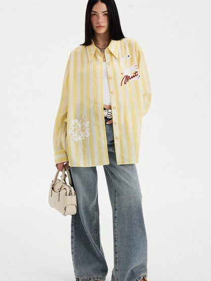 DIDDI MODA Yellow White Striped Floral Bird Print Long Sleeve Collared Women&