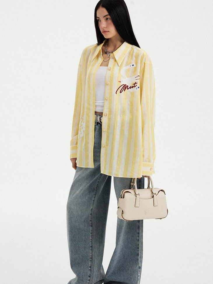 DIDDI MODA Yellow White Striped Floral Bird Print Long Sleeve Collared Women&