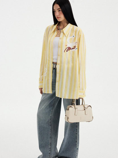 DIDDI MODA Yellow White Striped Floral Bird Print Long Sleeve Collared Women&