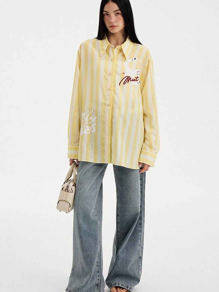 DIDDI MODA Yellow White Striped Floral Bird Print Long Sleeve Collared Women&