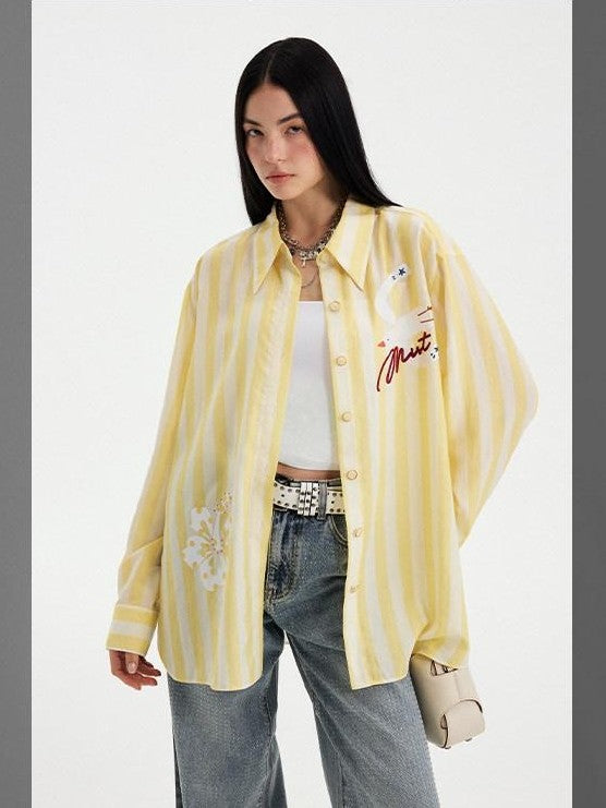 DIDDI MODA Yellow White Striped Floral Bird Print Long Sleeve Collared Women&