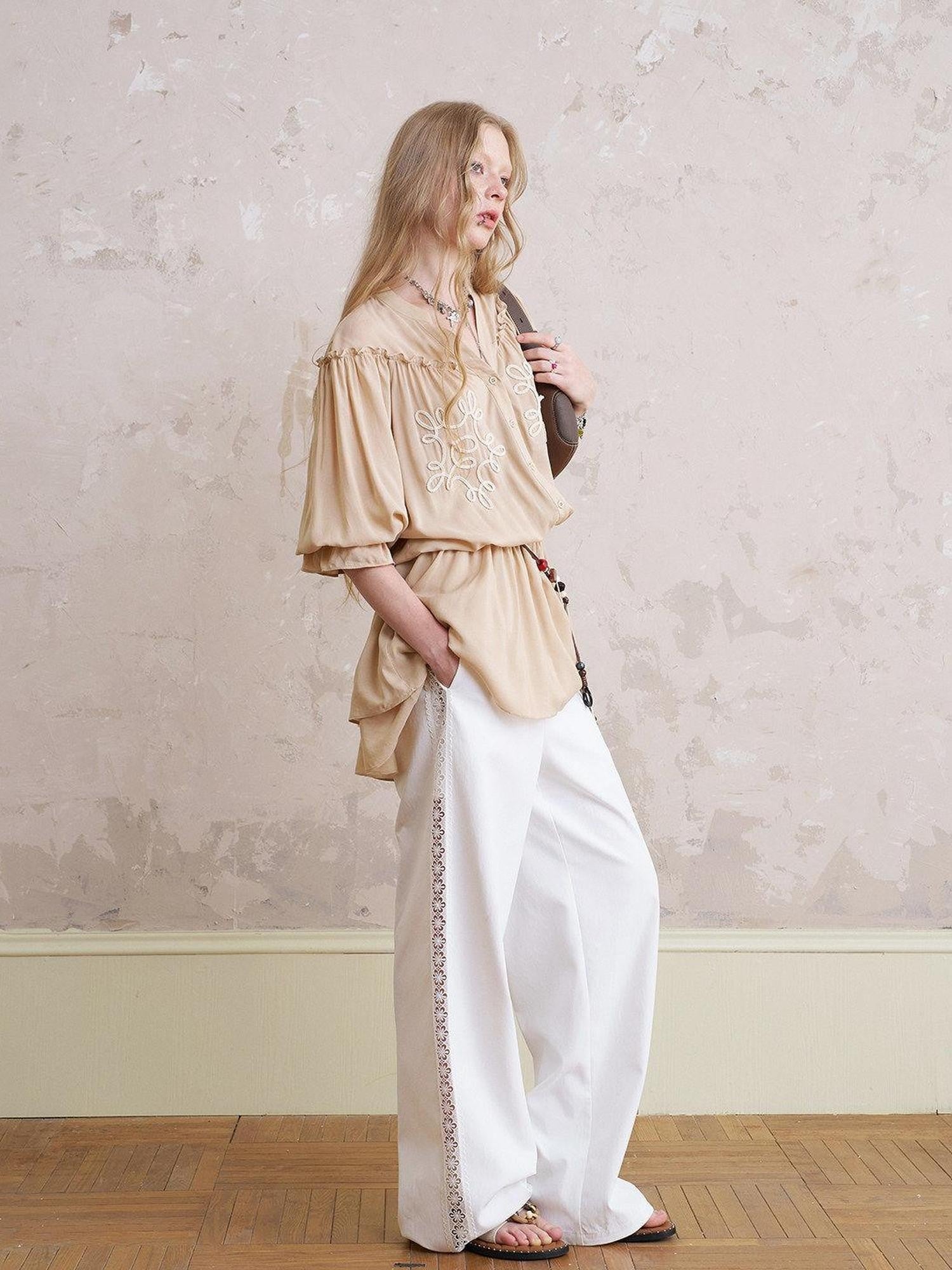 DIDDI MODA Yellow White Striped Puff Sleeve Women&