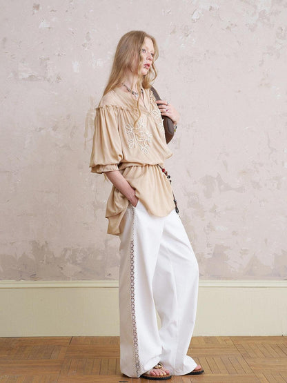 DIDDI MODA Yellow White Striped Puff Sleeve Women&