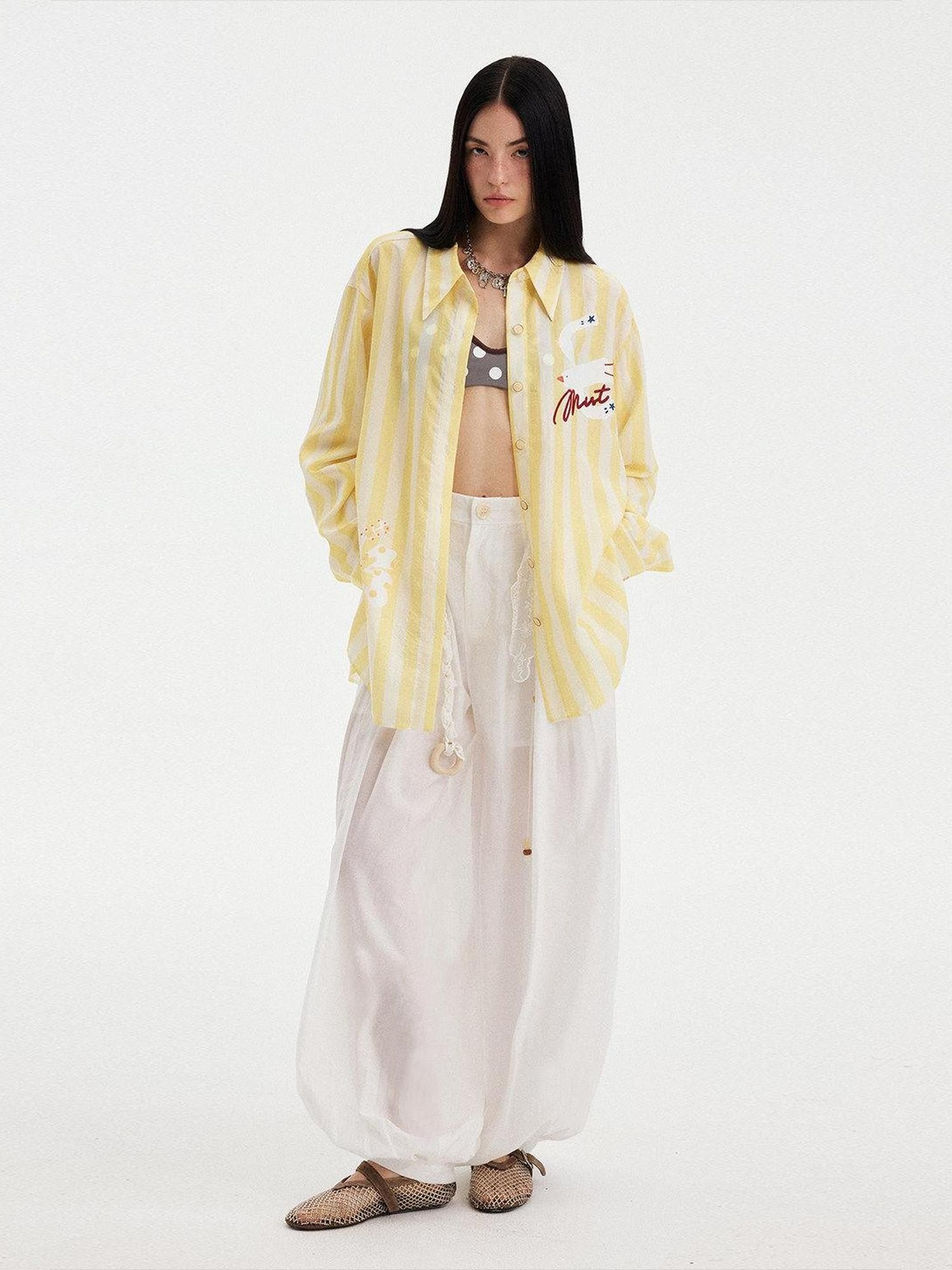 DIDDI MODA Yellow White Striped Puff Sleeve Women&