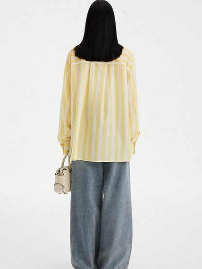 DIDDI MODA Yellow White Striped Puff Sleeve Women&