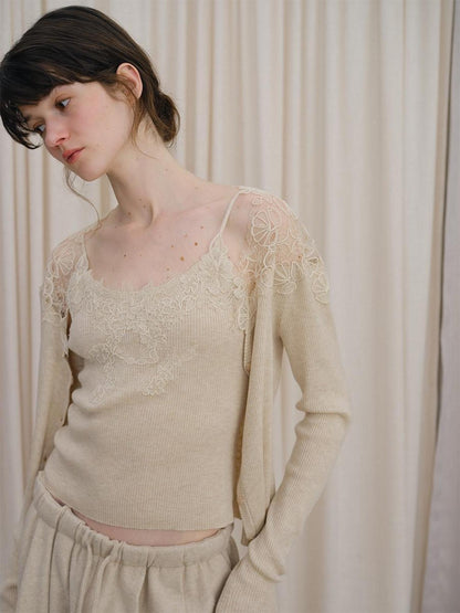 DKZ OFFICIAL Almond Lace Spliced V-neck Slim Woven Strap Women&