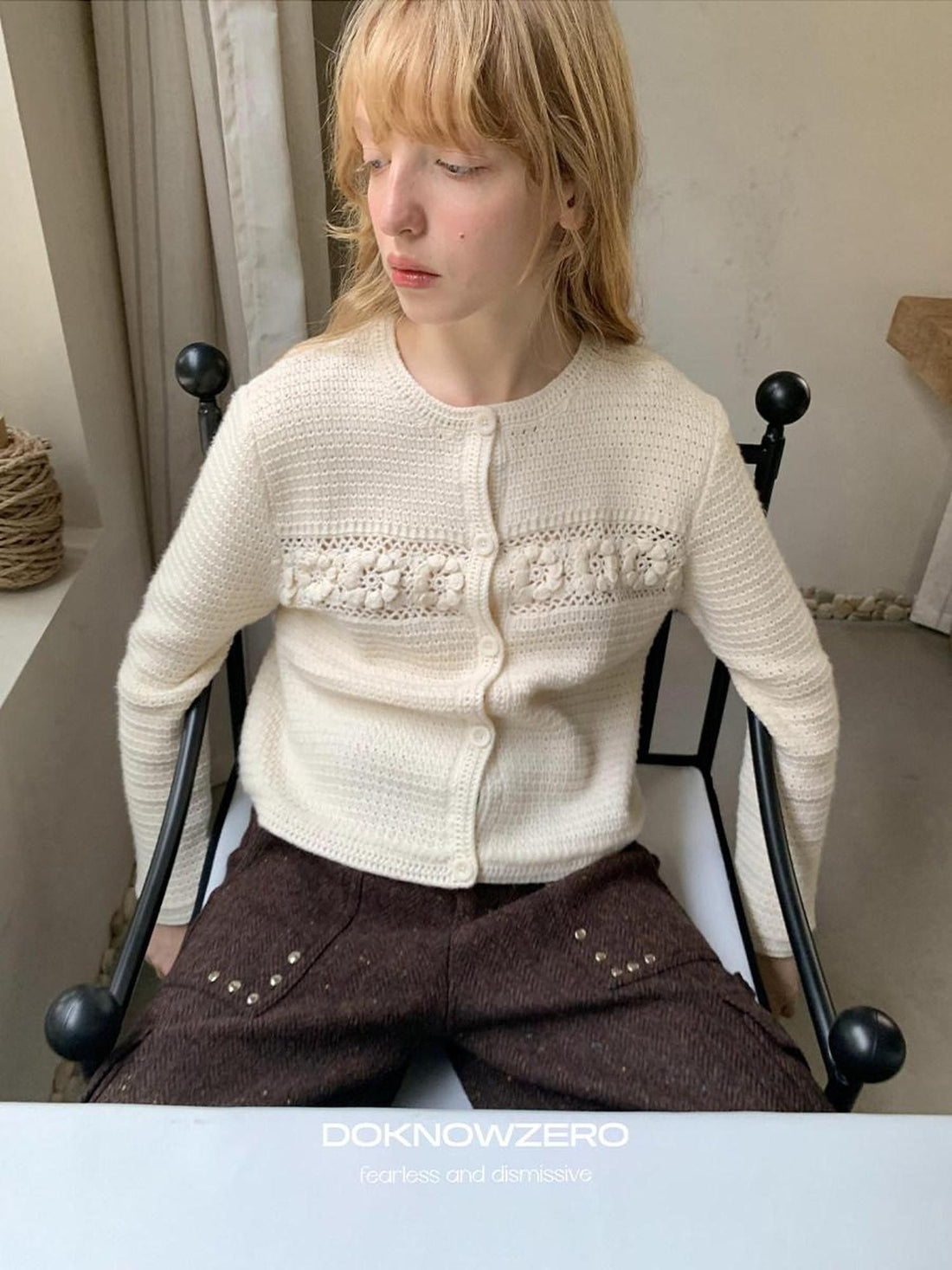 DKZ OFFICIAL Apricot 3D Crochet Floral Hollow Oversized Knit Women&